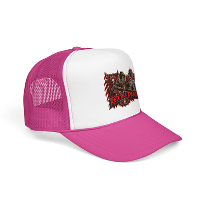 Red Till Dead Trucker Hat — Graphic Foam Mesh Cap for Bikers & Metal Fans