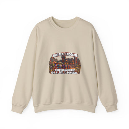 Gaming Crewneck Sweatshirt — "The Real Endgame: Finding a Group for a Level 12 Dungeon"