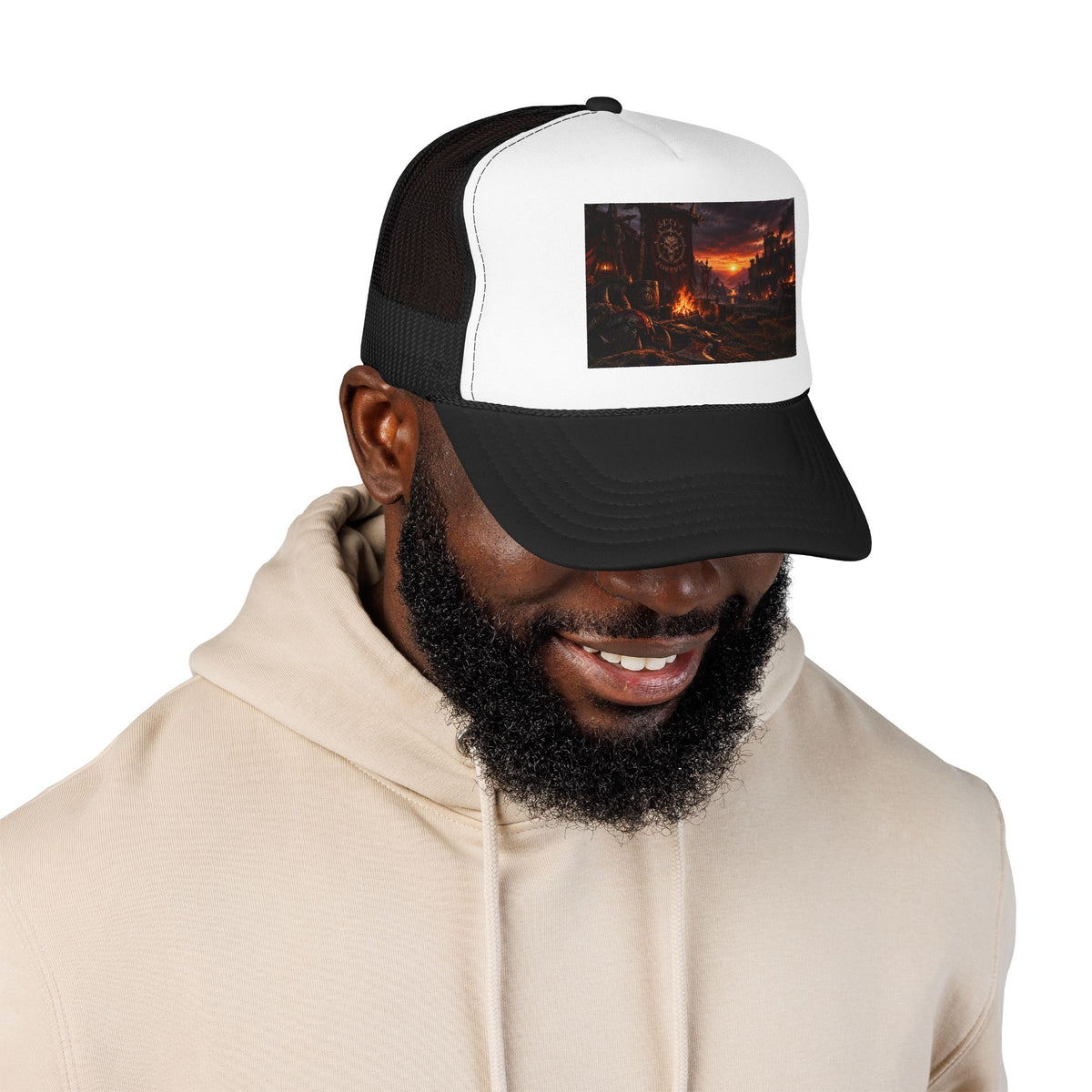 Post-Apocalyptic Campfire Foam Trucker Hat – Dark Dystopian Landscape