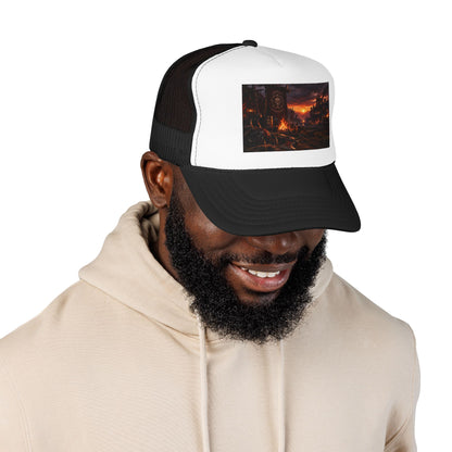 Post-Apocalyptic Campfire Foam Trucker Hat – Dark Dystopian Landscape
