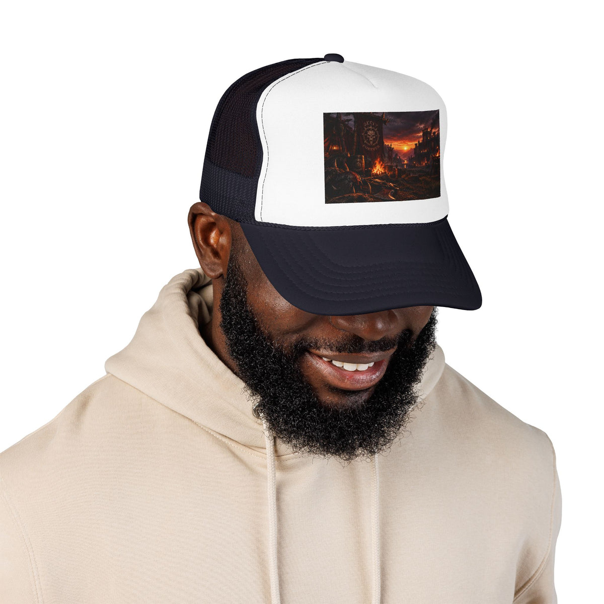 Post-Apocalyptic Campfire Foam Trucker Hat – Dark Dystopian Landscape