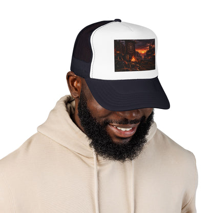 Post-Apocalyptic Campfire Foam Trucker Hat – Dark Dystopian Landscape