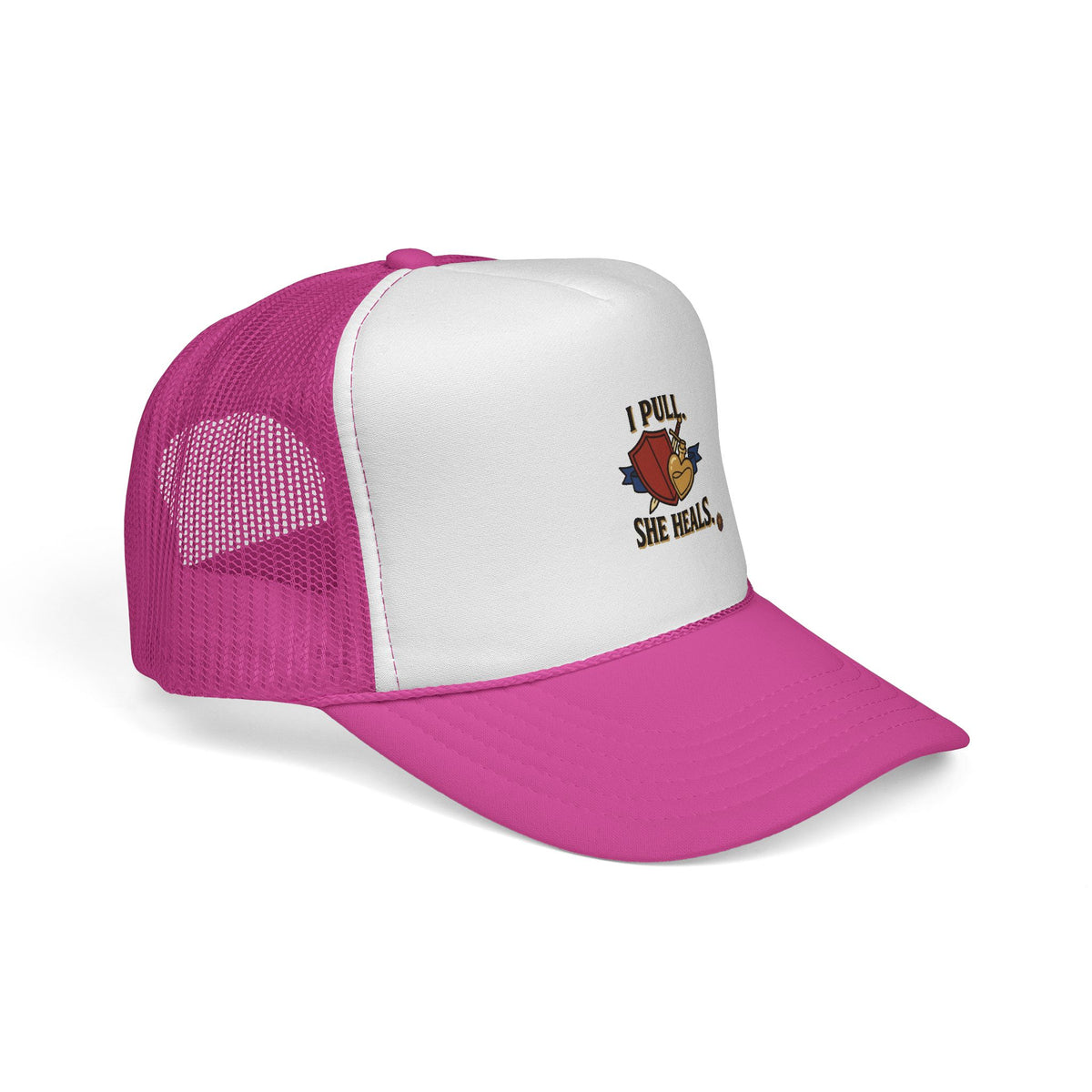 Trucker Hat — "I Pull, She Heals" Weightlifting Barbell Design