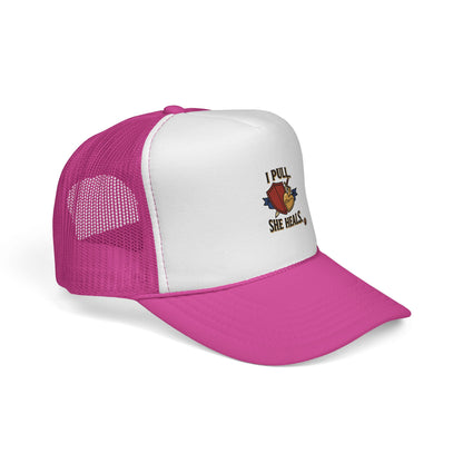 Trucker Hat — "I Pull, She Heals" Weightlifting Barbell Design