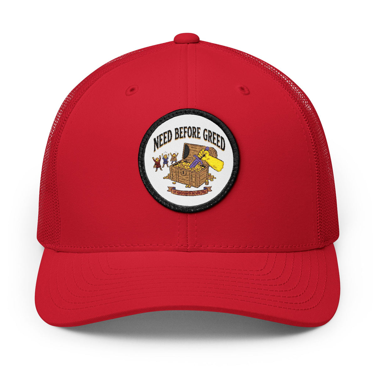 Embroidered Trucker Cap — 'Need Before Greed' Patch