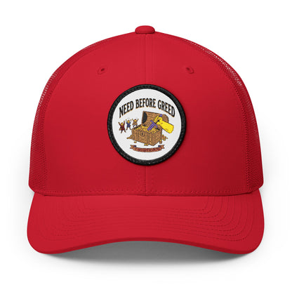 Embroidered Trucker Cap — 'Need Before Greed' Patch