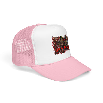 Red Till Dead Trucker Hat — Graphic Foam Mesh Cap for Bikers & Metal Fans