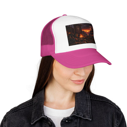 Post-Apocalyptic Campfire Foam Trucker Hat – Dark Dystopian Landscape