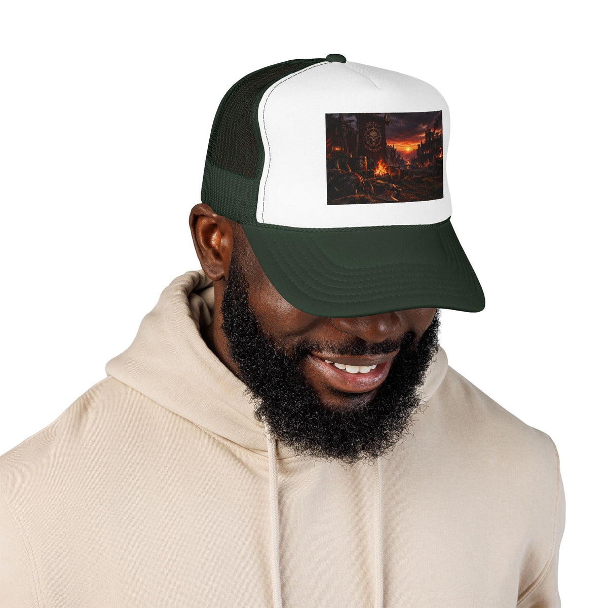 Post-Apocalyptic Campfire Foam Trucker Hat – Dark Dystopian Landscape