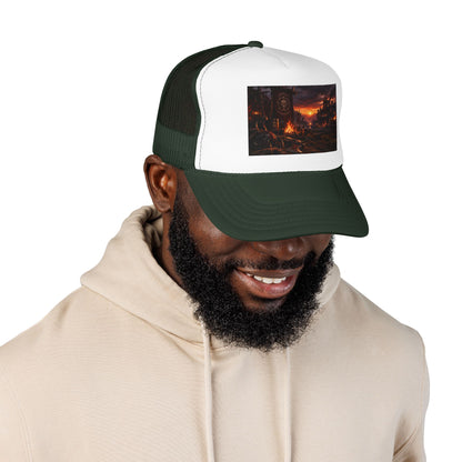Post-Apocalyptic Campfire Foam Trucker Hat – Dark Dystopian Landscape
