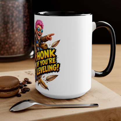 Gaming Mug — "Honk If You're Leveling" Funny Gamer Coffee Cup (Color Accent)