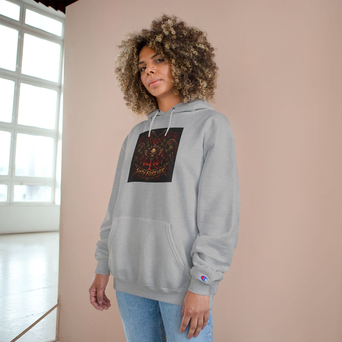 Champion Hoodie — Gothic Floral Skull Graphic Pullover