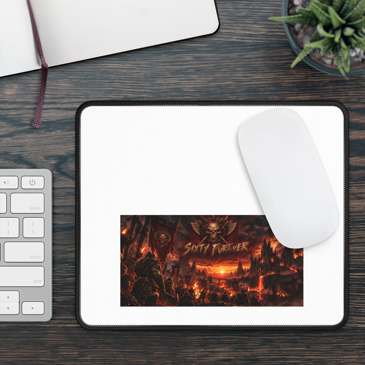 Gaming Mouse Pad — Dark Fantasy Lava Battlefield Design with "Sixty Forever" Skull Emblem