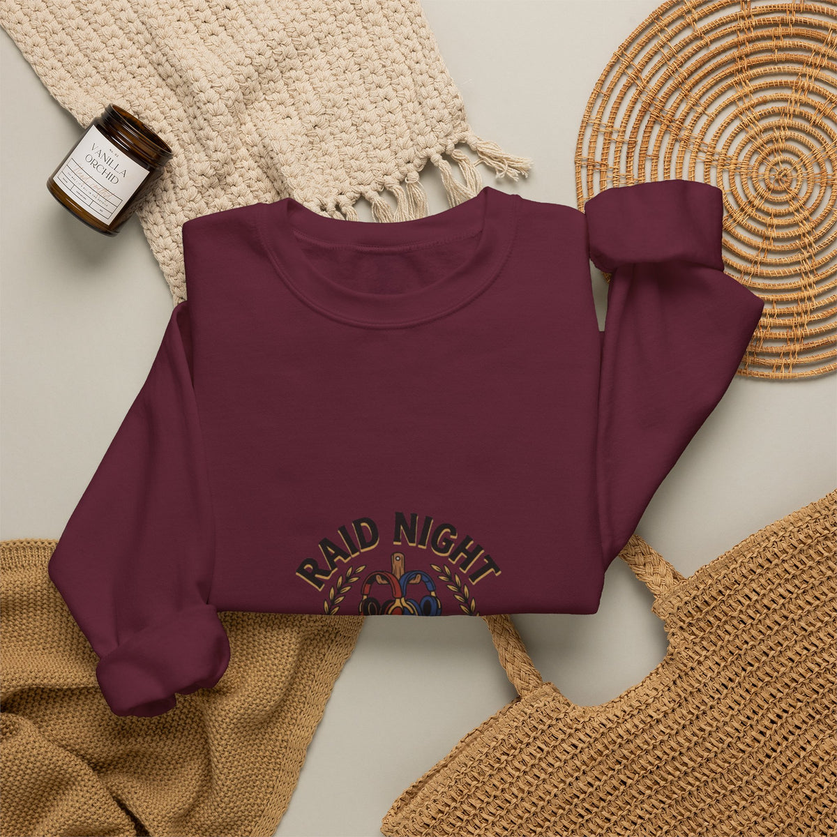 Crewneck Sweatshirt — "Raid Night Is Date Night" Vintage Crest