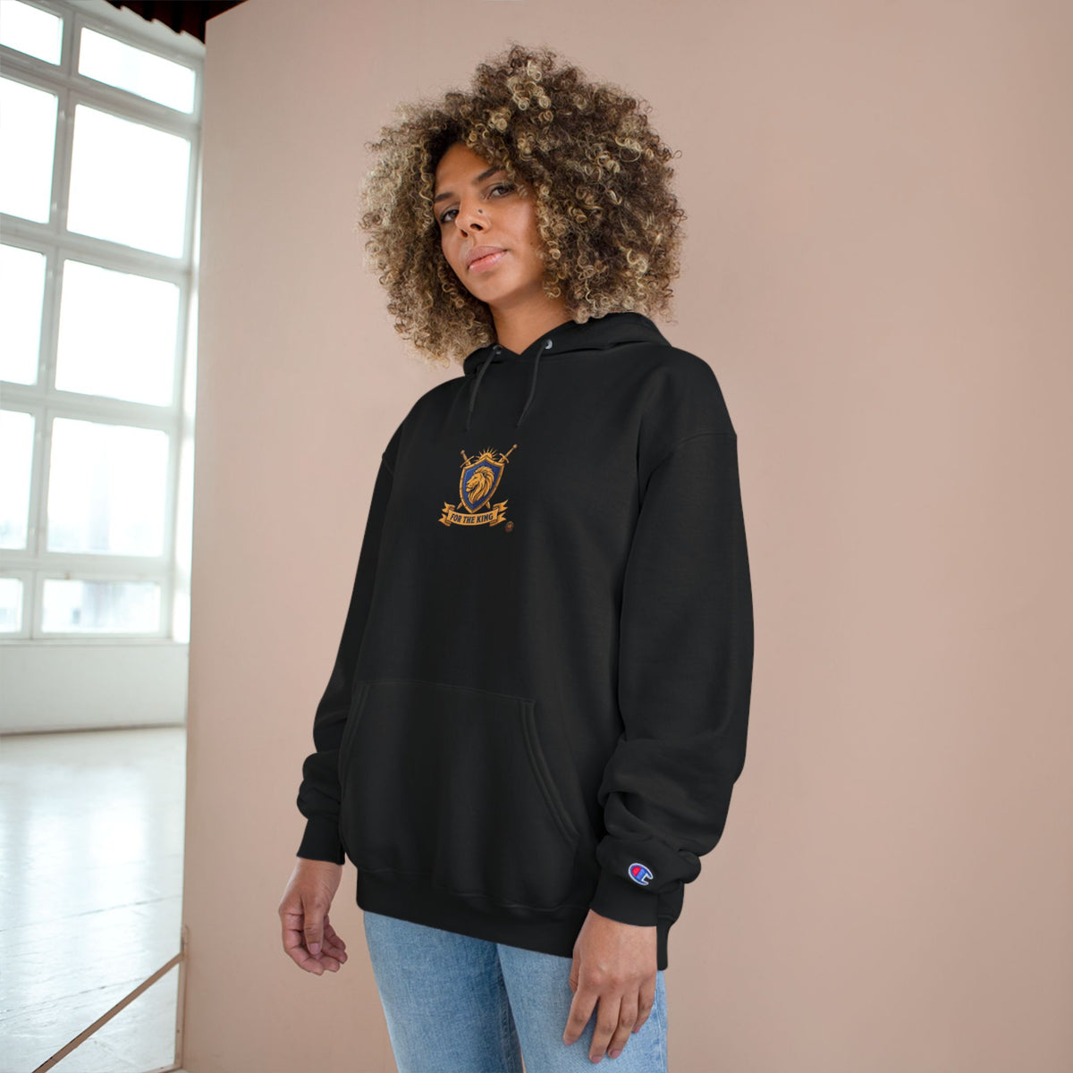 Champion Hoodie — Small Gold Crest Logo Athletic Pullover