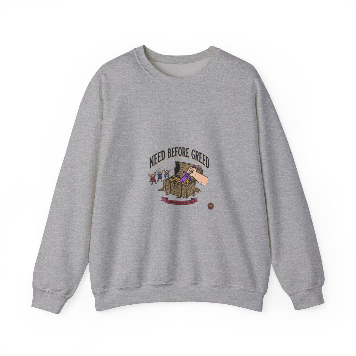 Crewneck Sweatshirt — "Need Before Greed" Chest Graphic (Sustainable Giving Vibe)