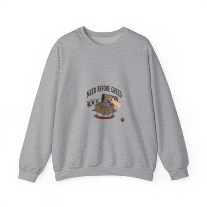 Crewneck Sweatshirt — "Need Before Greed" Chest Graphic (Sustainable Giving Vibe)