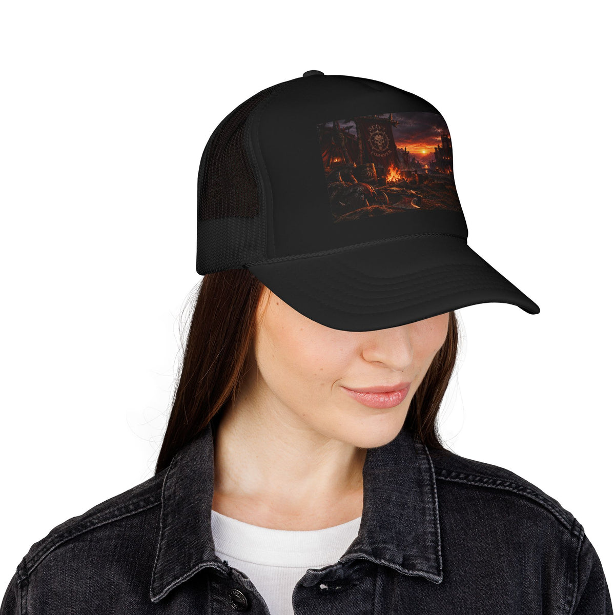 Post-Apocalyptic Campfire Foam Trucker Hat – Dark Dystopian Landscape