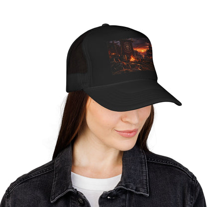 Post-Apocalyptic Campfire Foam Trucker Hat – Dark Dystopian Landscape