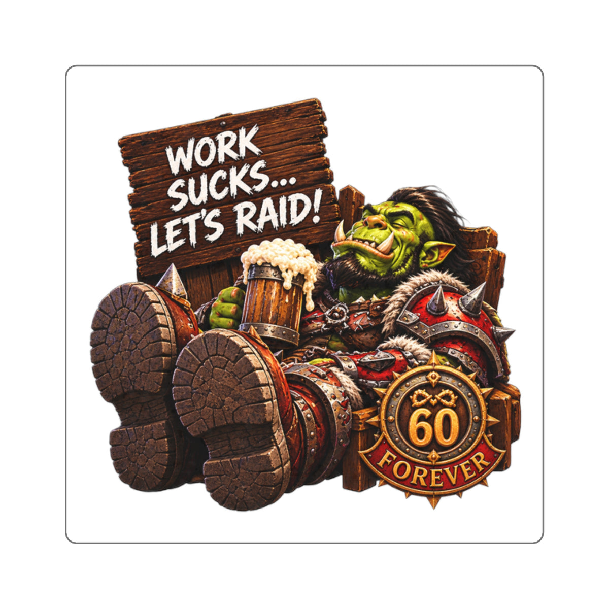 Gaming Orc Sticker — "Work Sucks… Let's Raid!" 60 Forever Square Sticker
