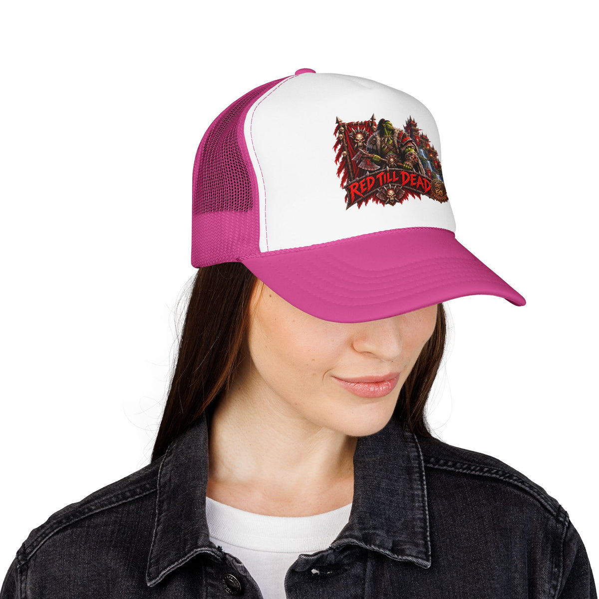 Red Till Dead Trucker Hat — Graphic Foam Mesh Cap for Bikers & Metal Fans