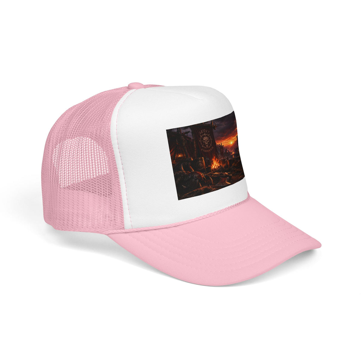 Post-Apocalyptic Campfire Foam Trucker Hat – Dark Dystopian Landscape