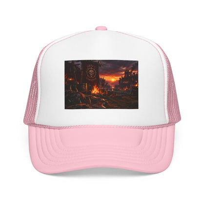 Post-Apocalyptic Campfire Foam Trucker Hat – Dark Dystopian Landscape