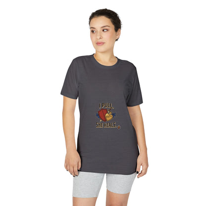 I Pull, She Heals Weightlifting T-Shirt — Couples Gym Workout Tee