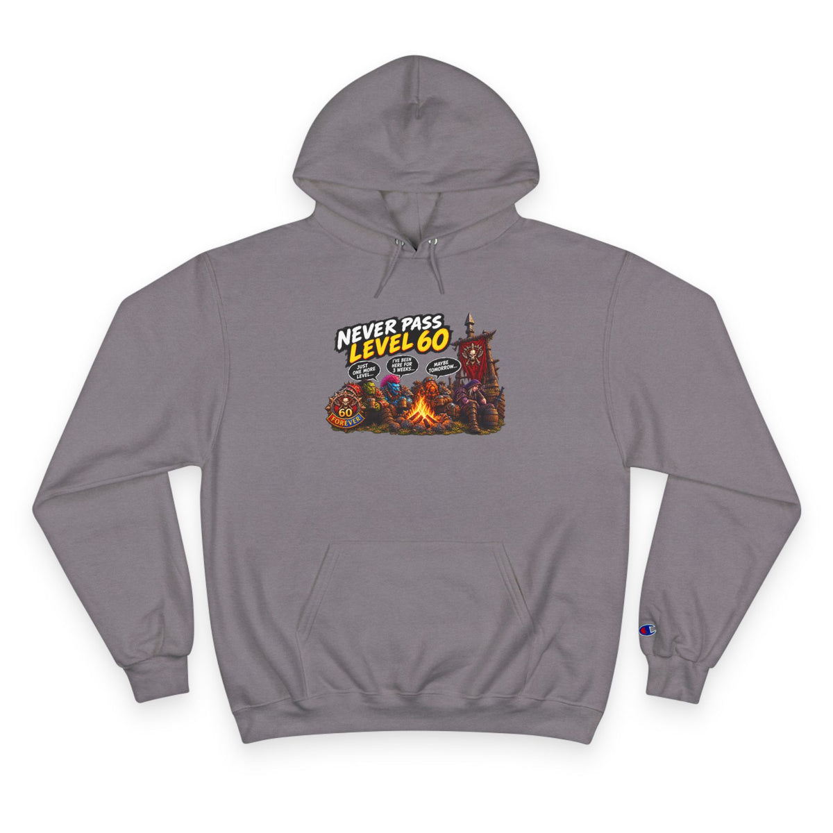 Champion Hoodie - 'Never Pass Level 60' Gamer Campfire Graphic Hoodie