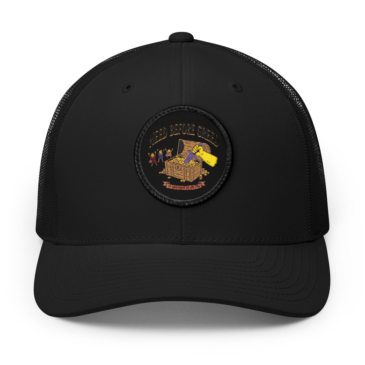 Embroidered Trucker Cap — 'Need Before Greed' Patch