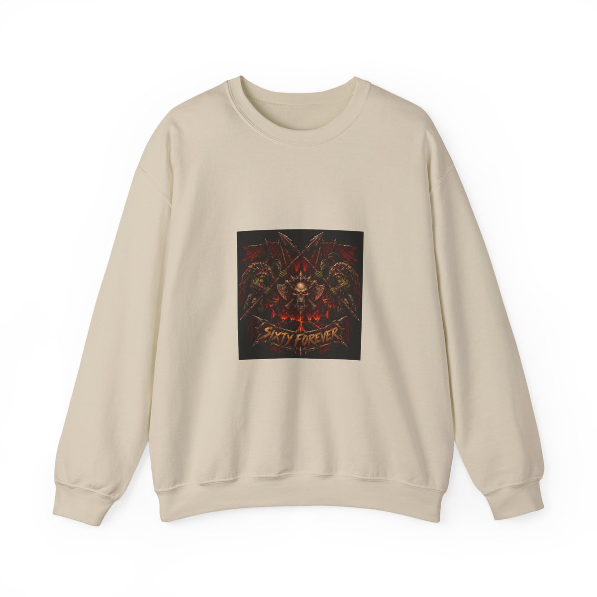 Crewneck Sweatshirt — Gothic Skull & Flames "Seven For Hell" Graphic