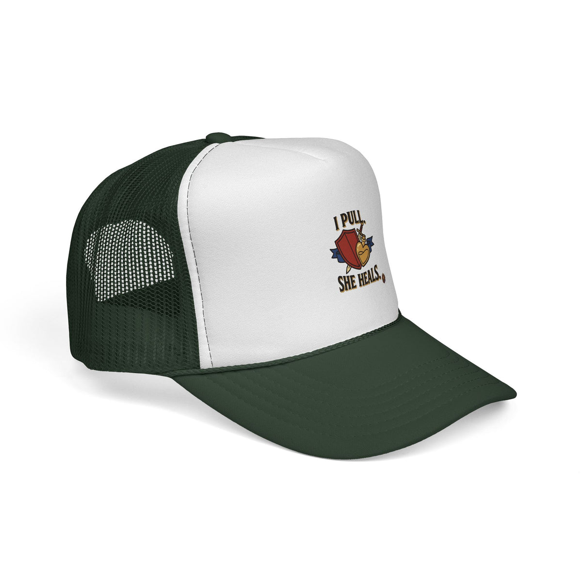Trucker Hat — "I Pull, She Heals" Weightlifting Barbell Design