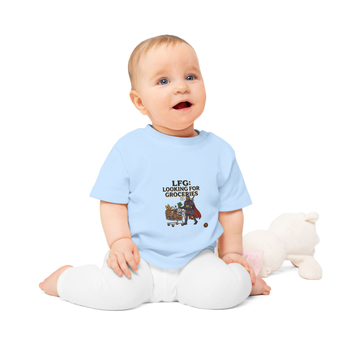 Baby T-Shirt — "LFG: Looking For Groceries" Cute Superhero Grocery Cart Tee