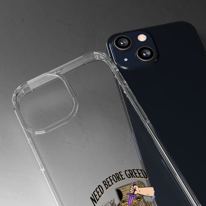 Clear Phone Case — "Need Before Greed" Treasure Chest Design