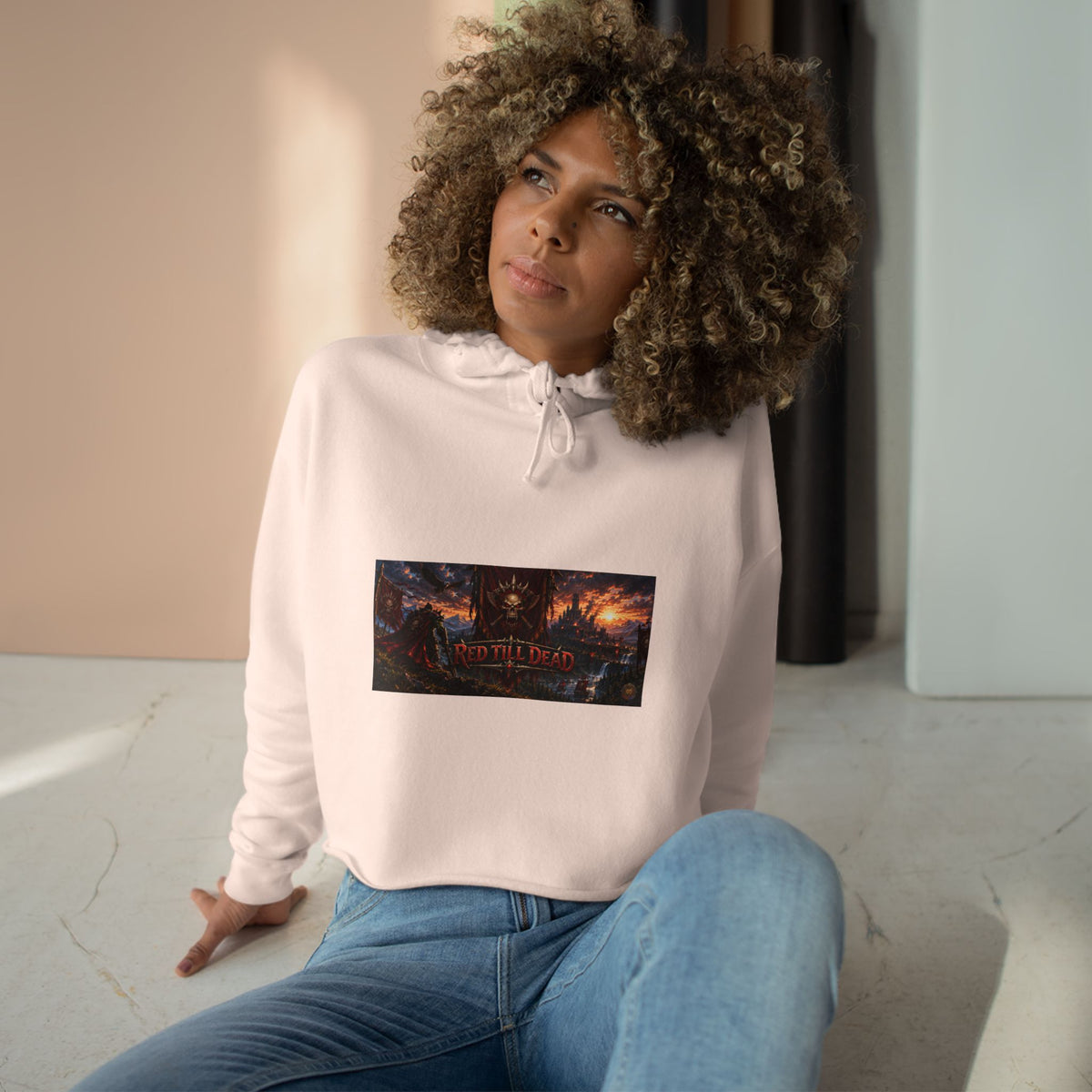 Cropped Hoodie — Dark Fantasy Graphic Crop Hoodie with Epic Battle Scene