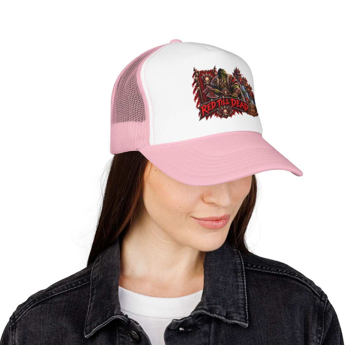 Red Till Dead Trucker Hat — Graphic Foam Mesh Cap for Bikers & Metal Fans