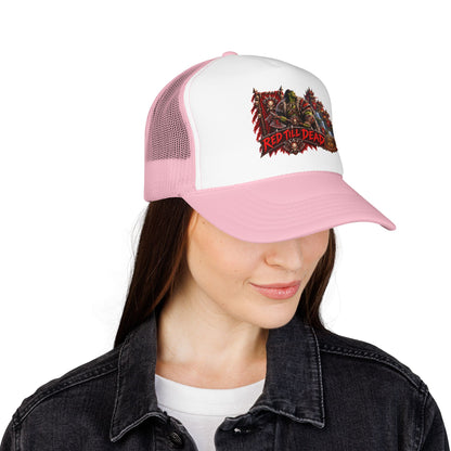 Red Till Dead Trucker Hat — Graphic Foam Mesh Cap for Bikers & Metal Fans