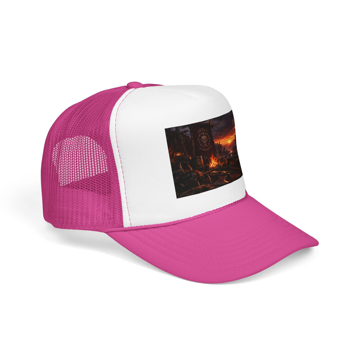 Post-Apocalyptic Campfire Foam Trucker Hat – Dark Dystopian Landscape