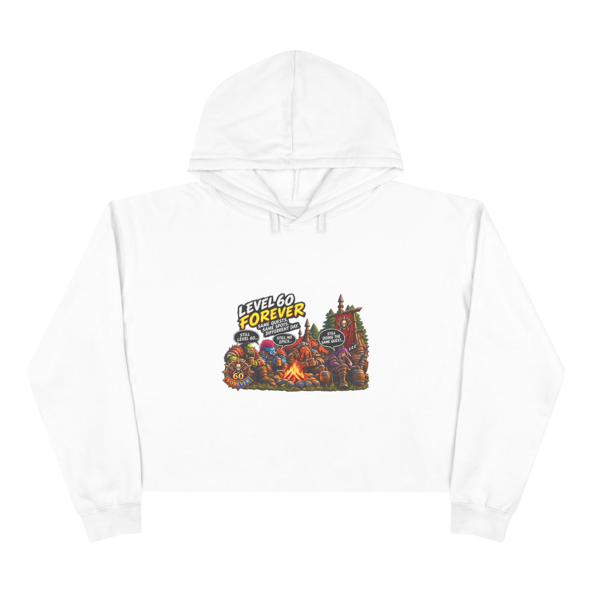 Gaming Camp Crop Hoodie — "Level 60 Forever" Retro RPG Graphic
