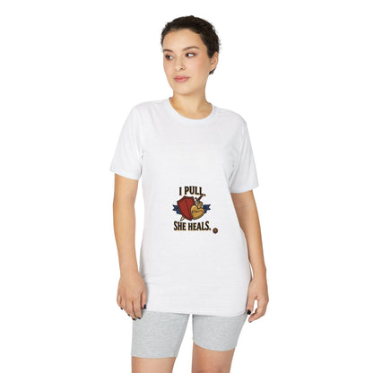 I Pull, She Heals Weightlifting T-Shirt — Couples Gym Workout Tee