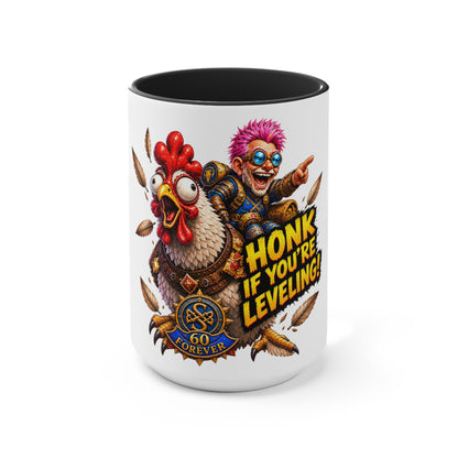 Gaming Mug — "Honk If You're Leveling" Funny Gamer Coffee Cup (Color Accent)