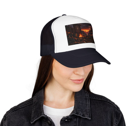 Post-Apocalyptic Campfire Foam Trucker Hat – Dark Dystopian Landscape