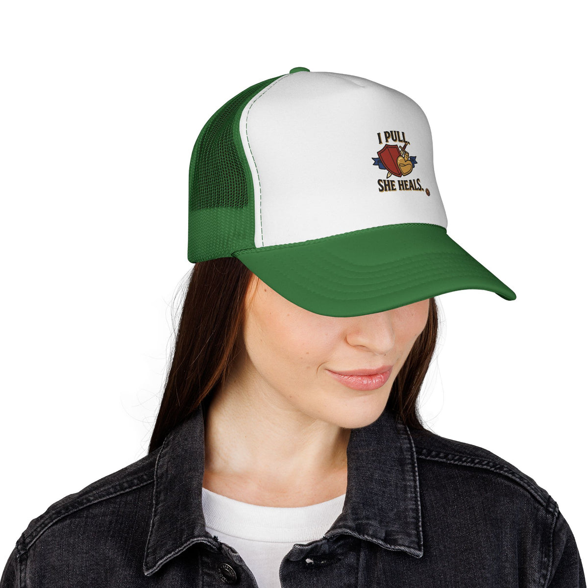 Trucker Hat — "I Pull, She Heals" Weightlifting Barbell Design