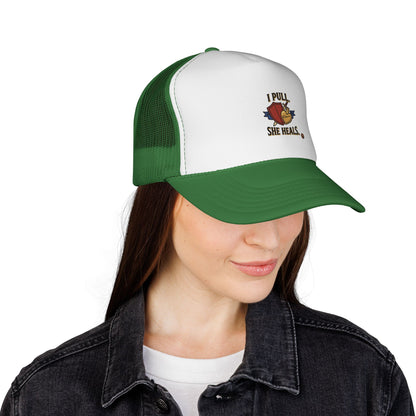 Trucker Hat — "I Pull, She Heals" Weightlifting Barbell Design