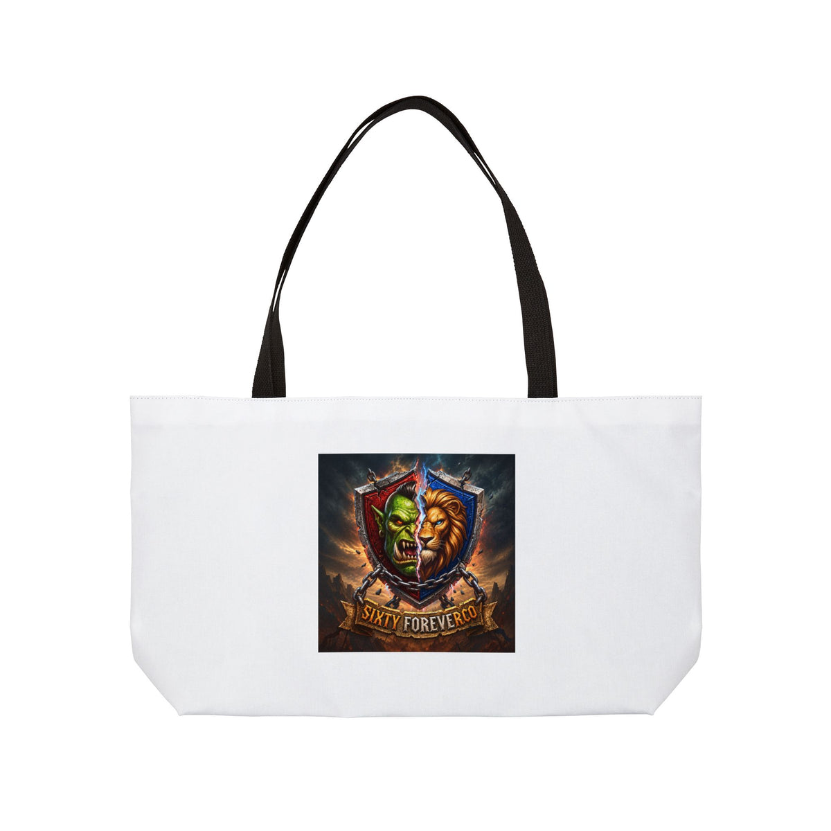 Weekender Tote Bag — 'Unity Forever' Split-Face Lion & Orc Crest Travel Tote