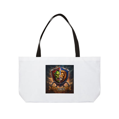 Weekender Tote Bag — 'Unity Forever' Split-Face Lion & Orc Crest Travel Tote