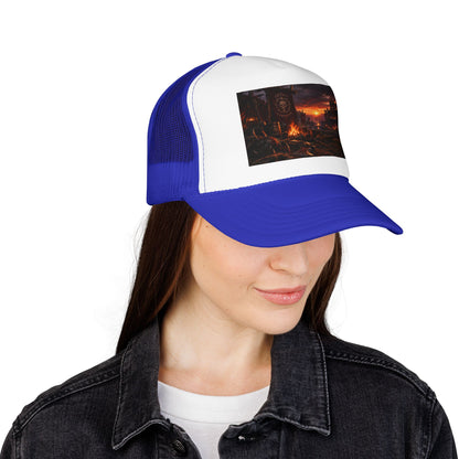 Post-Apocalyptic Campfire Foam Trucker Hat – Dark Dystopian Landscape
