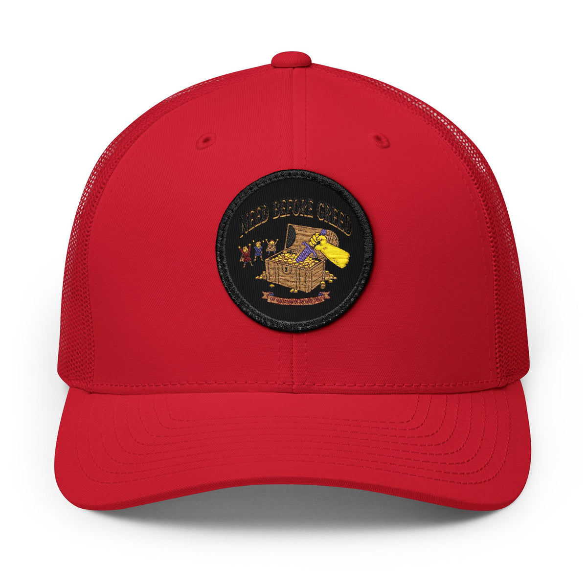 Embroidered Trucker Cap — 'Need Before Greed' Patch