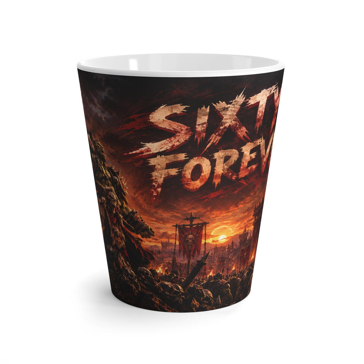 Latte Mug — 'Sixty Forever' Dark Fantasy Orc War Scene Coffee Cup
