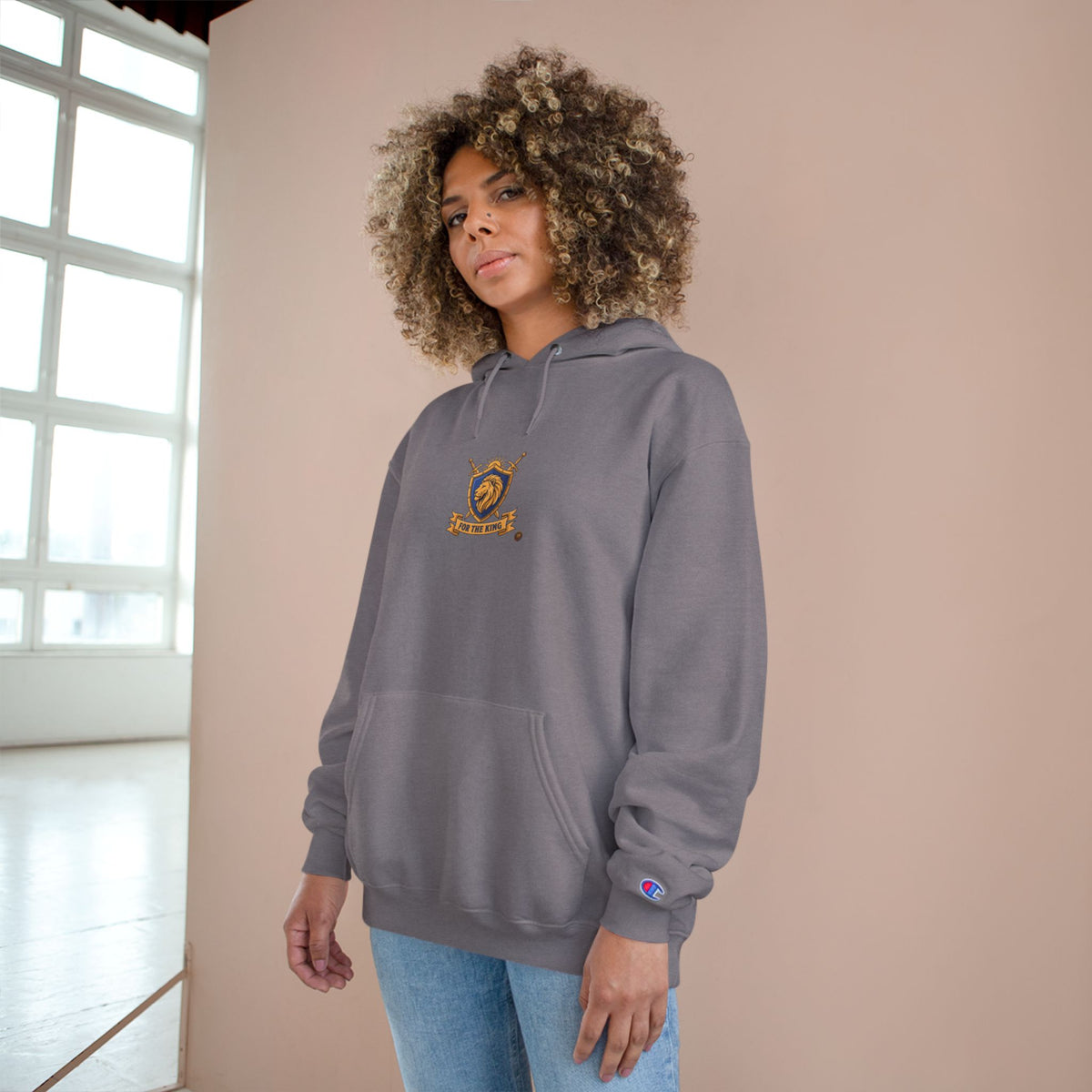 Champion Hoodie — Small Gold Crest Logo Athletic Pullover